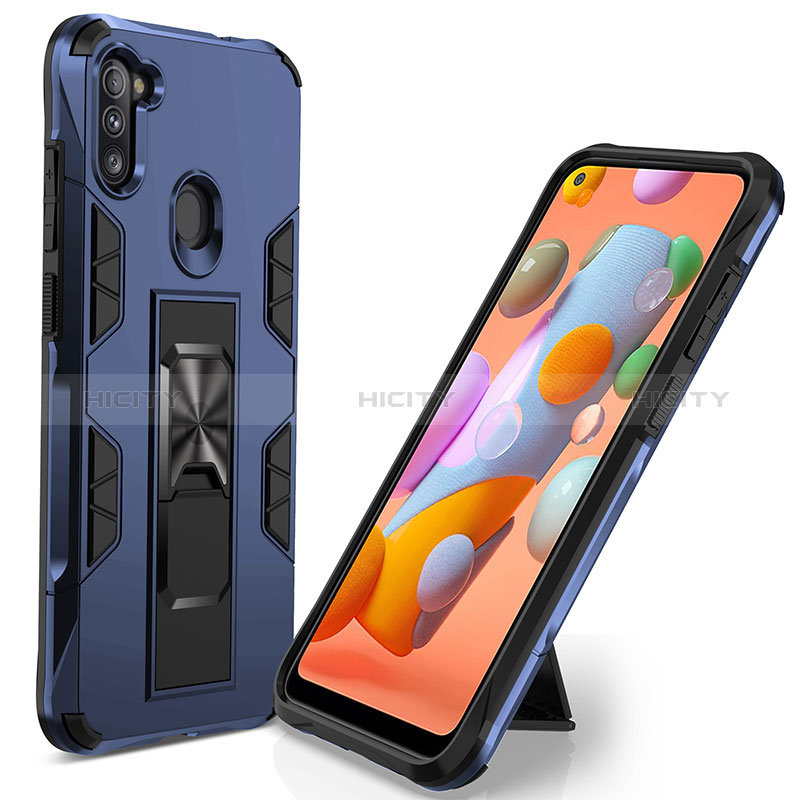 Custodia Silicone e Plastica Opaca Cover con Magnetico Supporto MQ1 per Samsung Galaxy A11 Blu