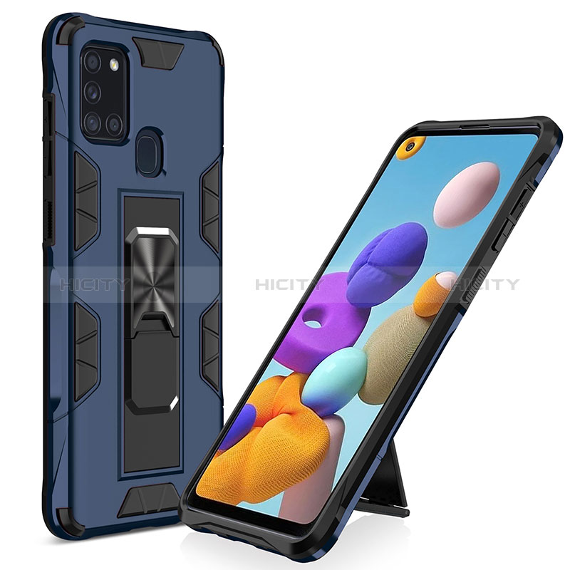 Custodia Silicone e Plastica Opaca Cover con Magnetico Supporto MQ1 per Samsung Galaxy A21s Blu