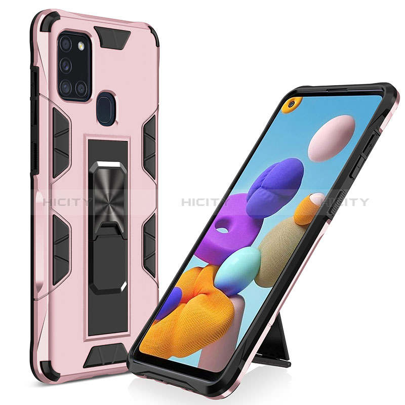 Custodia Silicone e Plastica Opaca Cover con Magnetico Supporto MQ1 per Samsung Galaxy A21s Oro Rosa