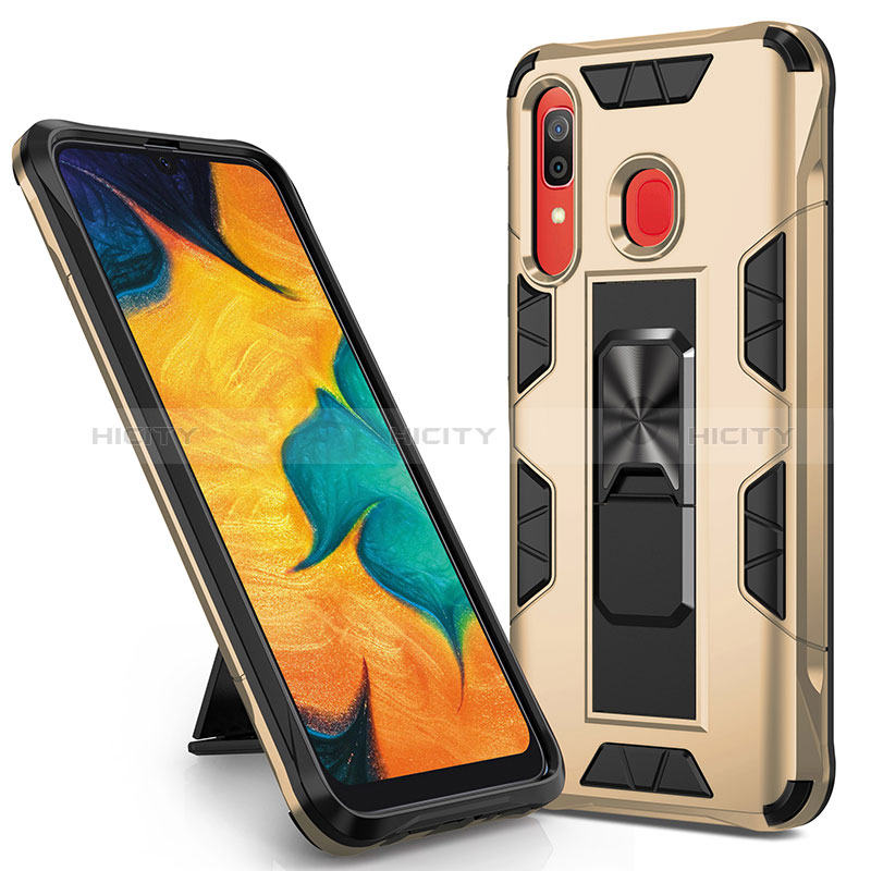 Custodia Silicone e Plastica Opaca Cover con Magnetico Supporto MQ1 per Samsung Galaxy A30 Oro