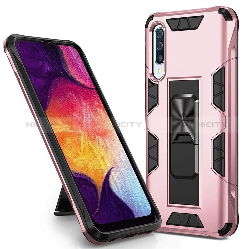 Custodia Silicone e Plastica Opaca Cover con Magnetico Supporto MQ1 per Samsung Galaxy A30S Oro Rosa