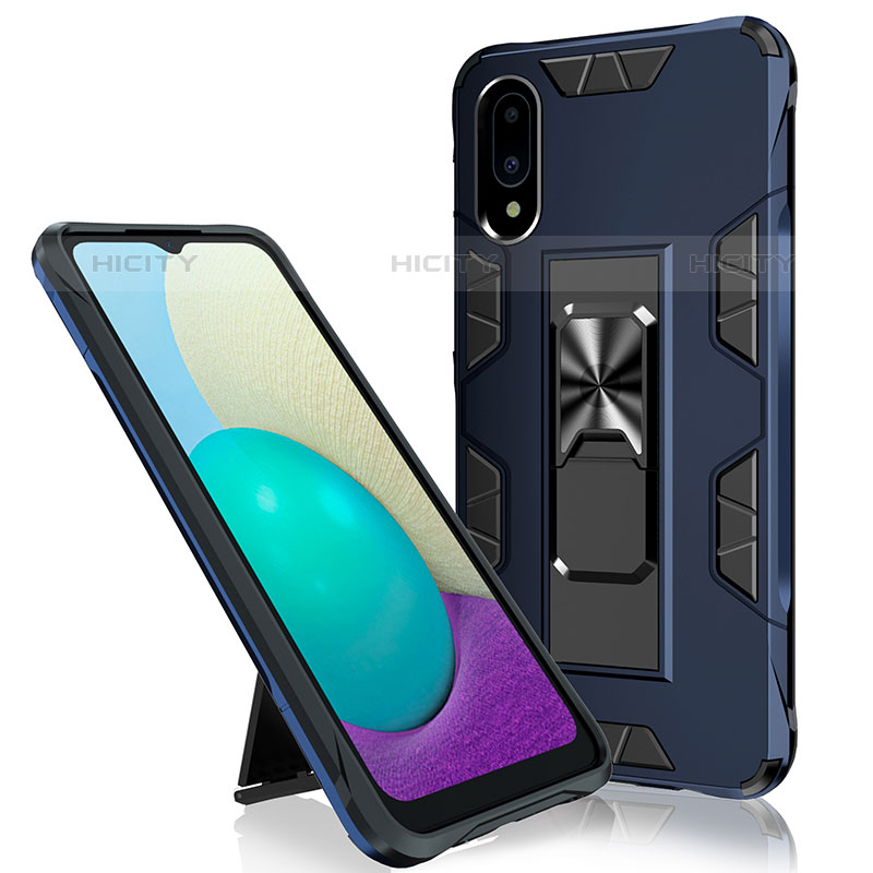 Custodia Silicone e Plastica Opaca Cover con Magnetico Supporto MQ1 per Samsung Galaxy M02 Blu