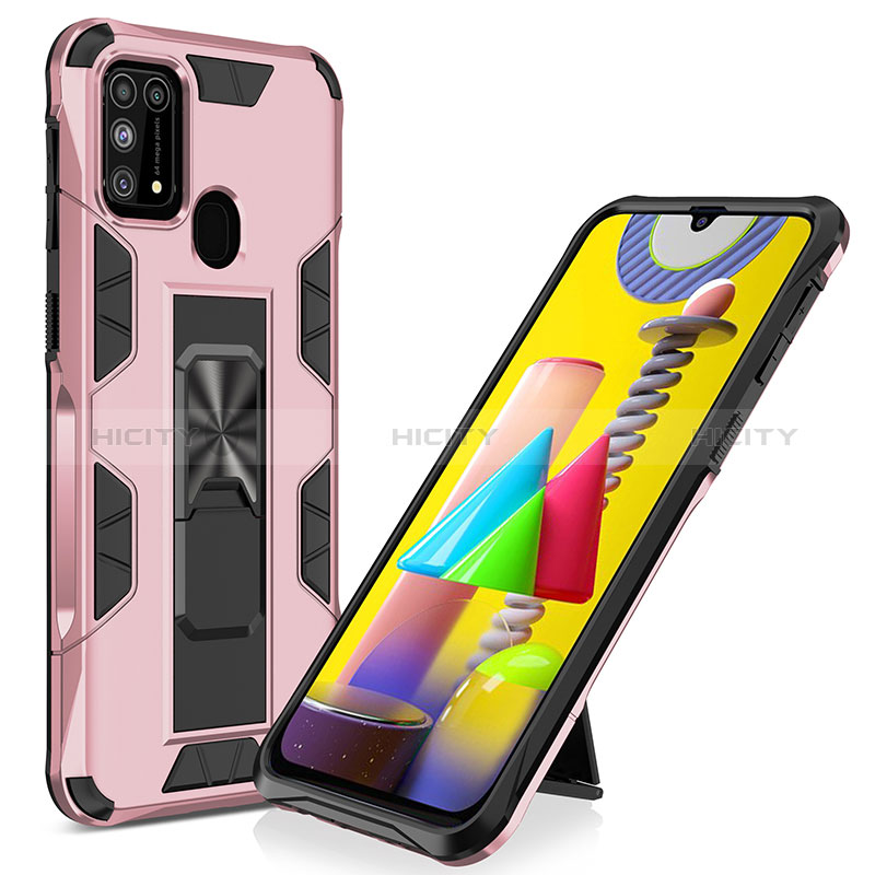 Custodia Silicone e Plastica Opaca Cover con Magnetico Supporto MQ1 per Samsung Galaxy M21s Oro Rosa