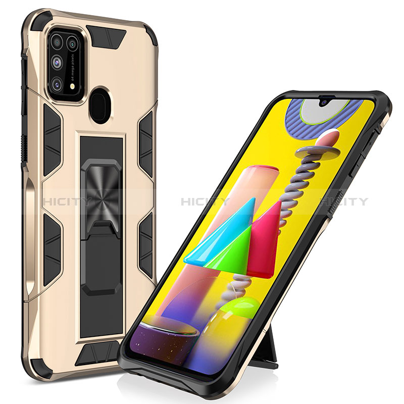 Custodia Silicone e Plastica Opaca Cover con Magnetico Supporto MQ1 per Samsung Galaxy M31 Prime Edition Oro