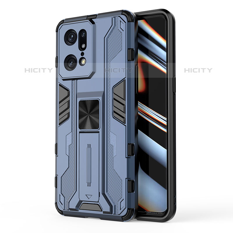 Custodia Silicone e Plastica Opaca Cover con Magnetico Supporto per Oppo Find X5 Pro 5G Blu