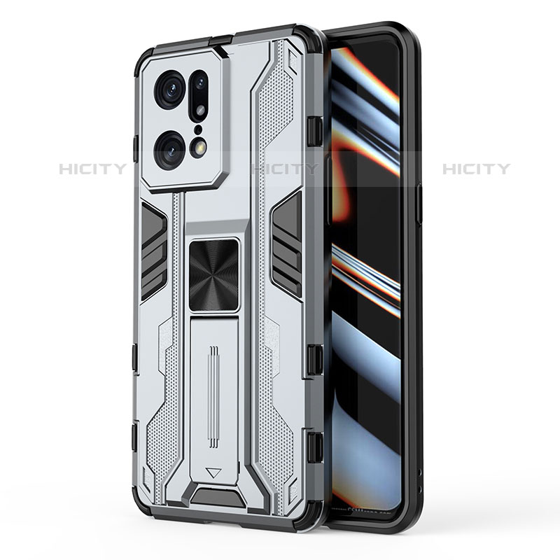 Custodia Silicone e Plastica Opaca Cover con Magnetico Supporto per Oppo Find X5 Pro 5G Grigio