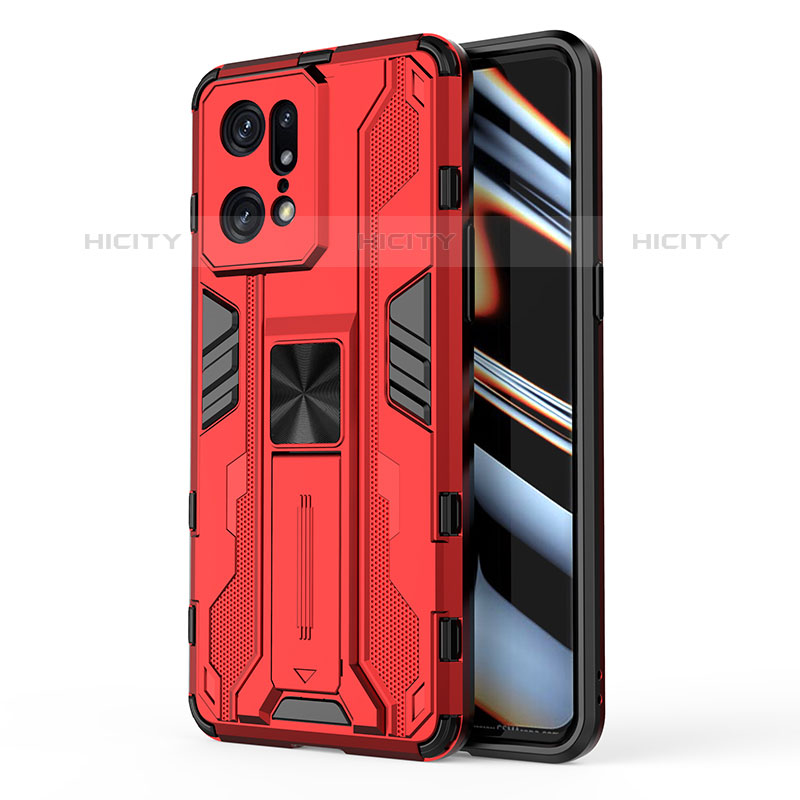 Custodia Silicone e Plastica Opaca Cover con Magnetico Supporto per Oppo Find X5 Pro 5G Rosso