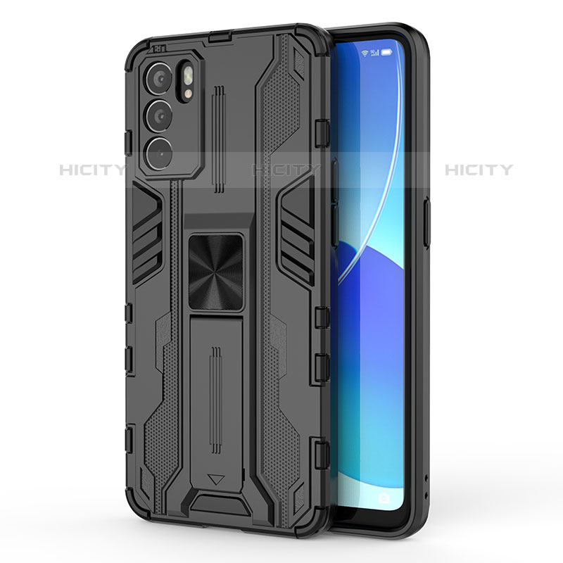 Custodia Silicone e Plastica Opaca Cover con Magnetico Supporto per Oppo Reno6 5G Nero