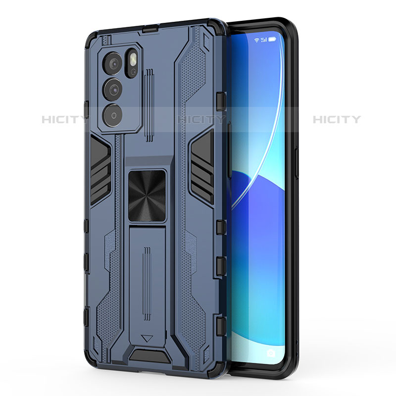 Custodia Silicone e Plastica Opaca Cover con Magnetico Supporto per Oppo Reno6 Pro 5G India Blu