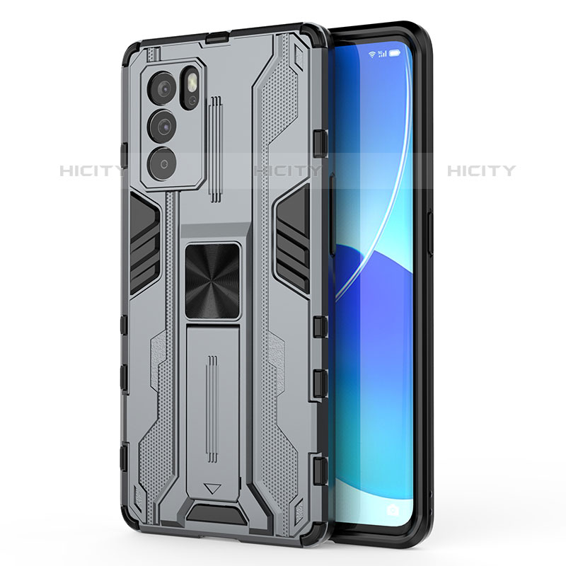 Custodia Silicone e Plastica Opaca Cover con Magnetico Supporto per Oppo Reno6 Pro 5G India Grigio