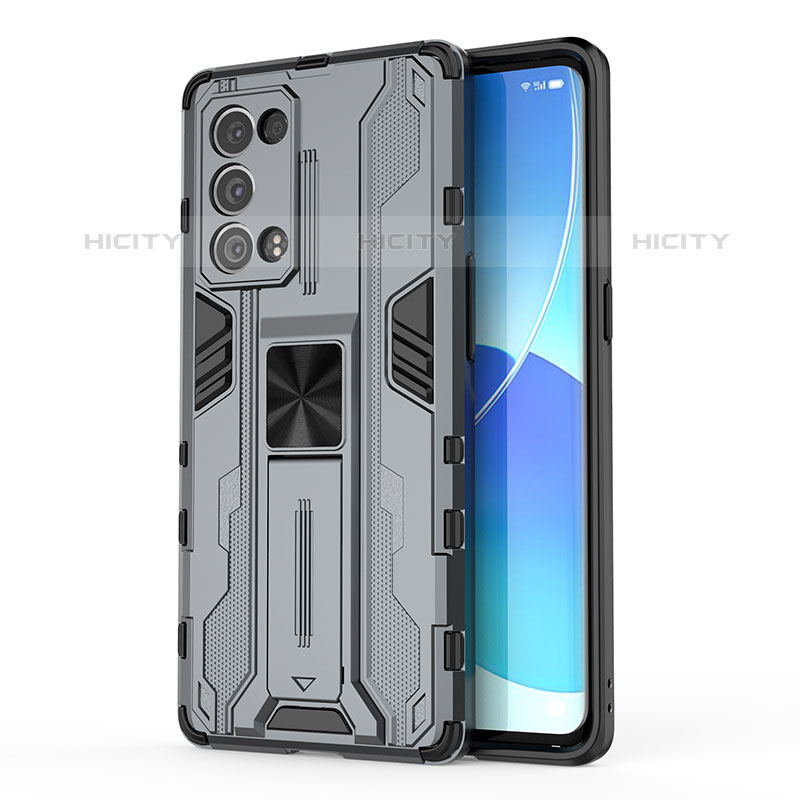 Custodia Silicone e Plastica Opaca Cover con Magnetico Supporto per Oppo Reno6 Pro+ Plus 5G Grigio