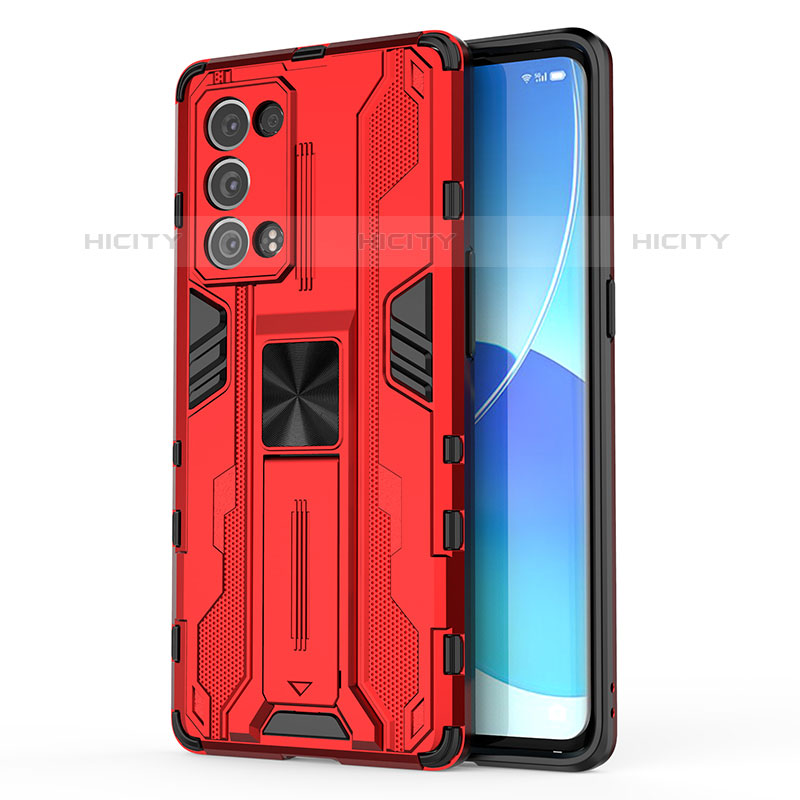 Custodia Silicone e Plastica Opaca Cover con Magnetico Supporto per Oppo Reno6 Pro+ Plus 5G Rosso