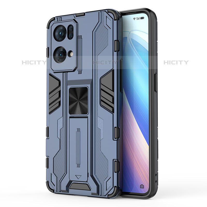 Custodia Silicone e Plastica Opaca Cover con Magnetico Supporto per Oppo Reno7 Pro 5G Blu