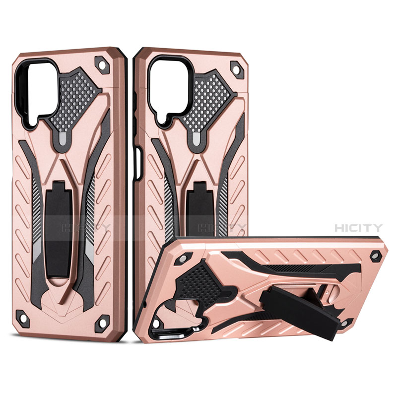 Custodia Silicone e Plastica Opaca Cover con Magnetico Supporto per Samsung Galaxy A12 Oro Rosa