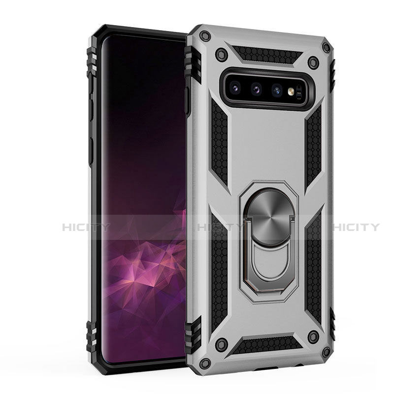 Custodia Silicone e Plastica Opaca Cover con Magnetico Supporto per Samsung Galaxy S10 Argento