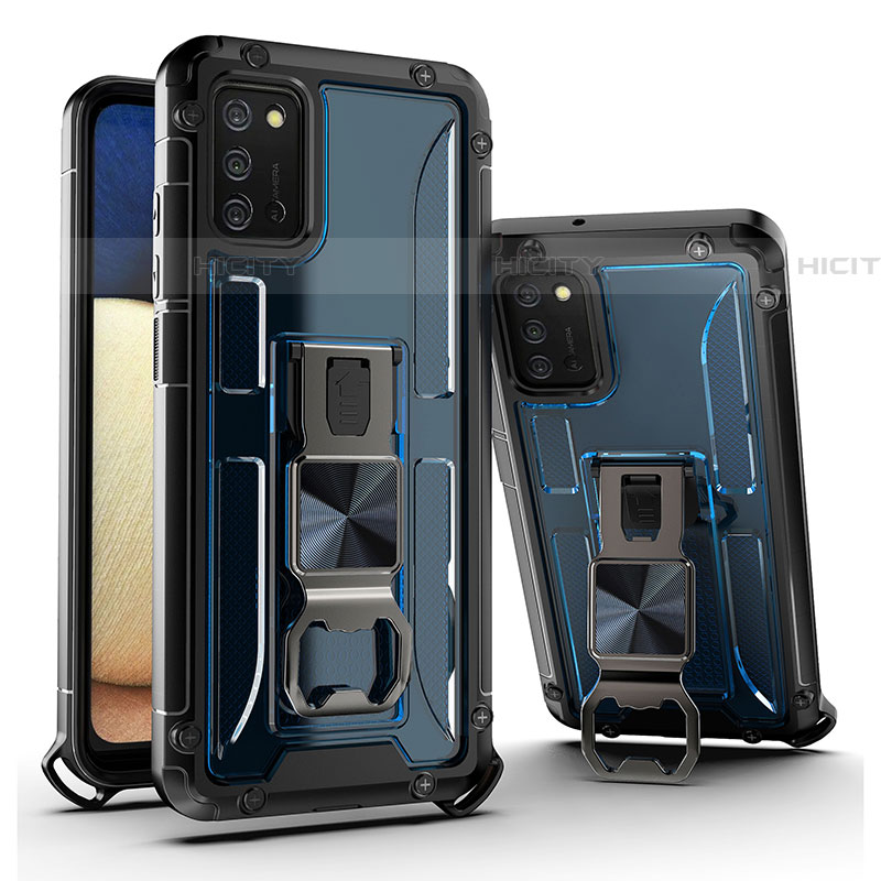 Custodia Silicone e Plastica Opaca Cover con Magnetico Supporto Q01W per Samsung Galaxy A03s Blu