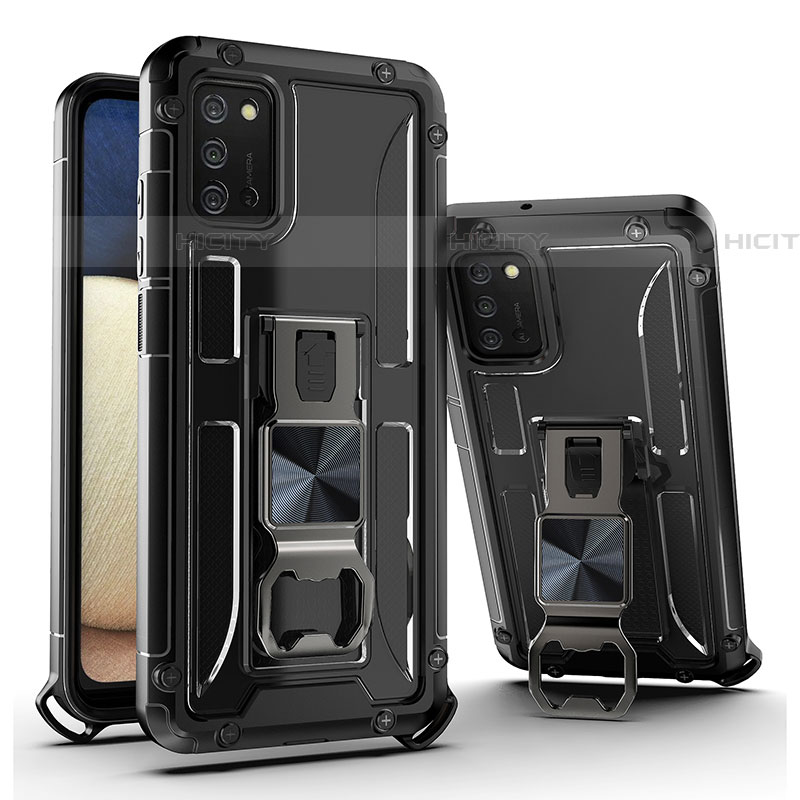 Custodia Silicone e Plastica Opaca Cover con Magnetico Supporto Q01W per Samsung Galaxy A03s Nero