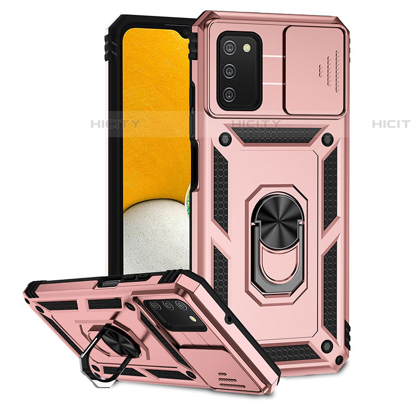 Custodia Silicone e Plastica Opaca Cover con Magnetico Supporto Q02W per Samsung Galaxy A03s Oro Rosa