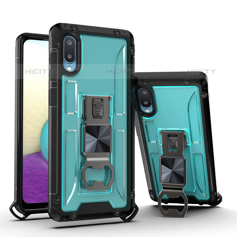 Custodia Silicone e Plastica Opaca Cover con Magnetico Supporto QW1 per Samsung Galaxy M02 Cielo Blu