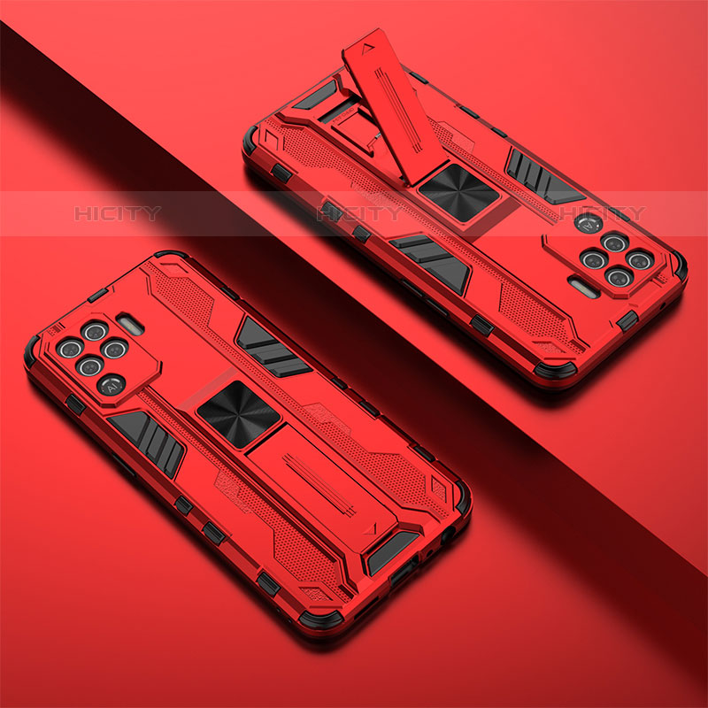 Custodia Silicone e Plastica Opaca Cover con Magnetico Supporto T01 per Oppo F19 Pro Rosso