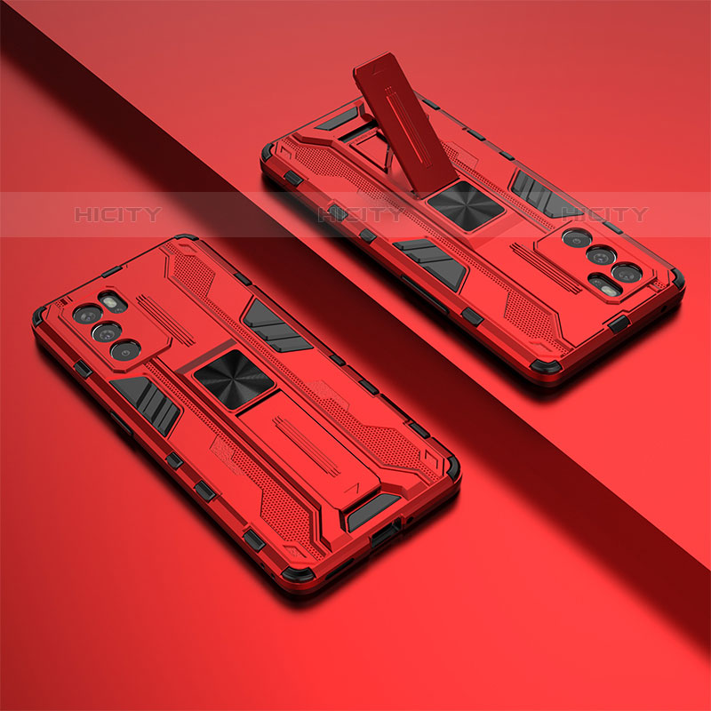 Custodia Silicone e Plastica Opaca Cover con Magnetico Supporto T01 per Oppo Reno6 Pro 5G India Rosso