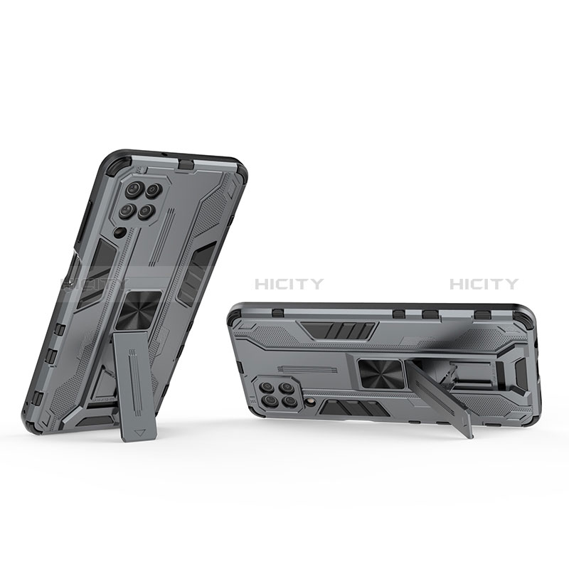 Custodia Silicone e Plastica Opaca Cover con Magnetico Supporto T01 per Samsung Galaxy A12 Grigio