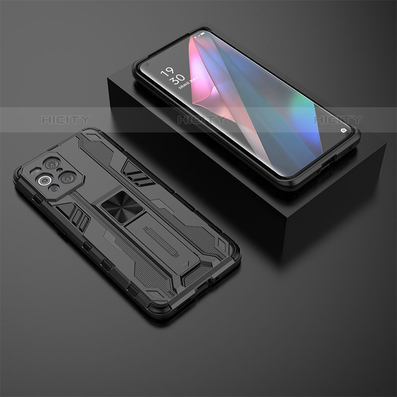 Custodia Silicone e Plastica Opaca Cover con Magnetico Supporto T02 per Oppo Find X3 Pro 5G Nero