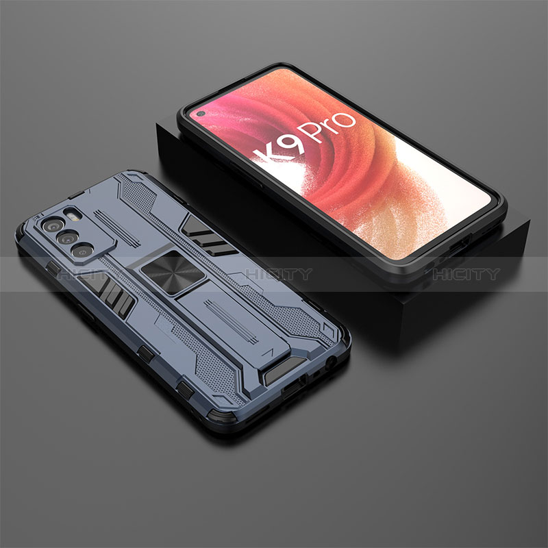 Custodia Silicone e Plastica Opaca Cover con Magnetico Supporto T02 per Oppo K9 Pro 5G Blu