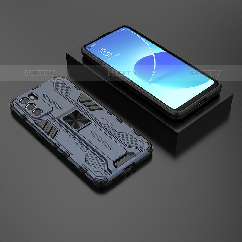 Custodia Silicone e Plastica Opaca Cover con Magnetico Supporto T02 per Oppo Reno6 5G Blu