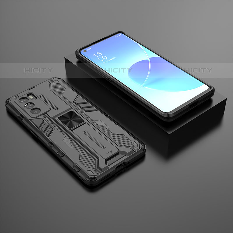 Custodia Silicone e Plastica Opaca Cover con Magnetico Supporto T02 per Oppo Reno6 Pro 5G India Nero