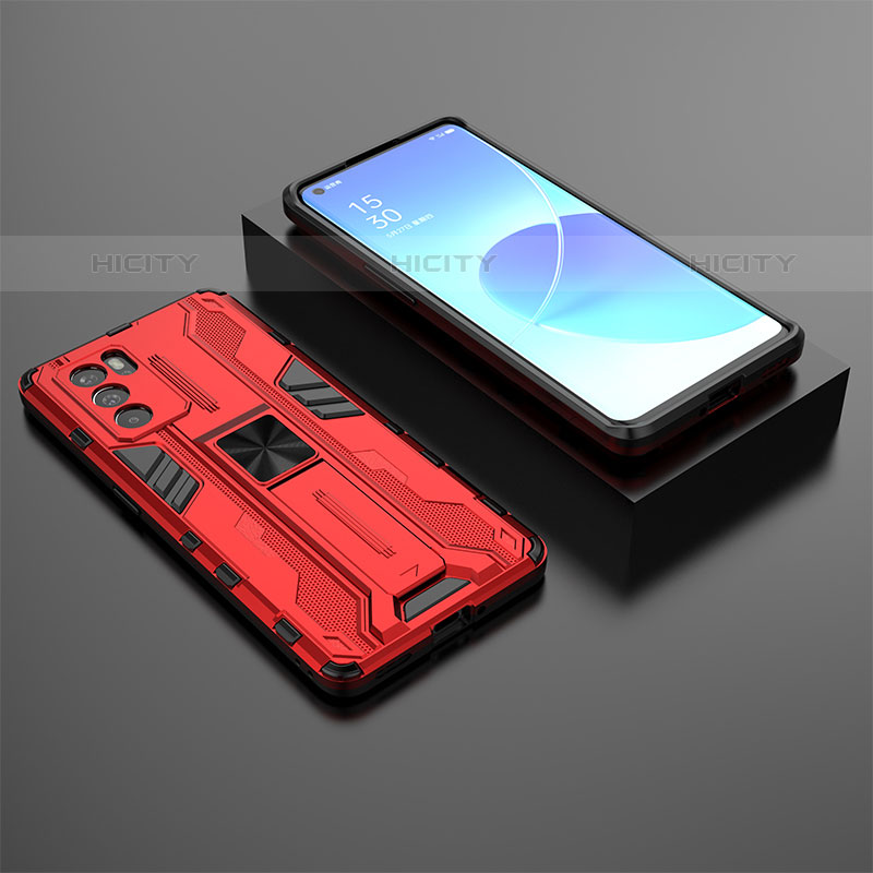 Custodia Silicone e Plastica Opaca Cover con Magnetico Supporto T02 per Oppo Reno6 Pro 5G India Rosso