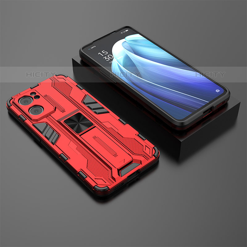 Custodia Silicone e Plastica Opaca Cover con Magnetico Supporto T02 per Oppo Reno7 5G Rosso