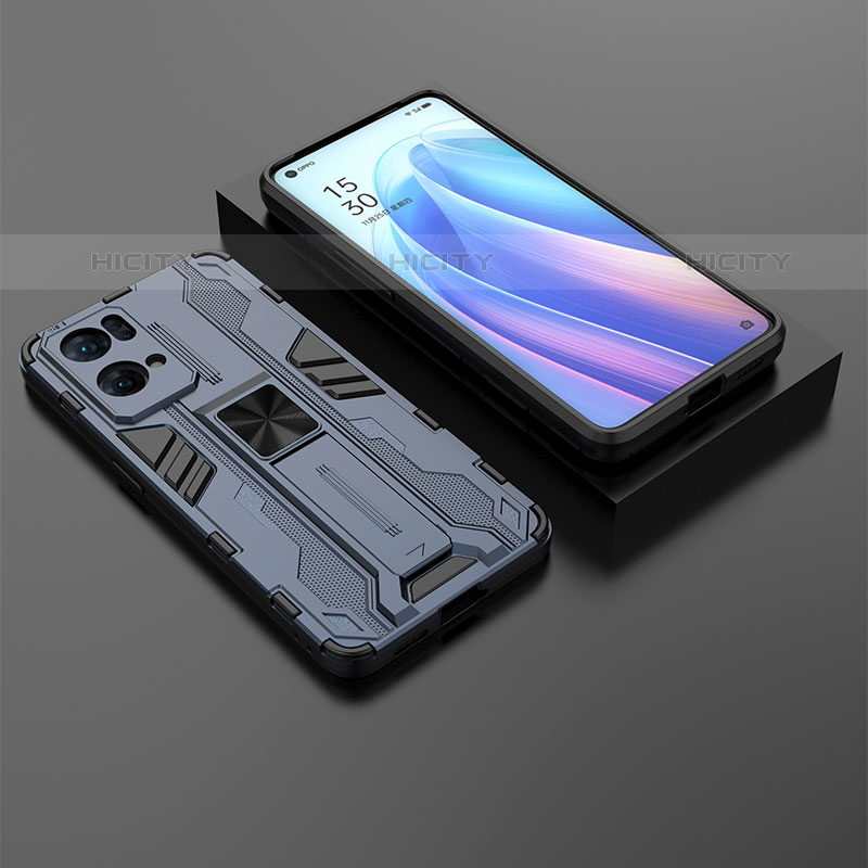 Custodia Silicone e Plastica Opaca Cover con Magnetico Supporto T02 per Oppo Reno7 Pro 5G Blu