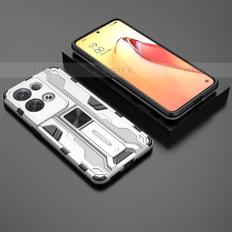 Custodia Silicone e Plastica Opaca Cover con Magnetico Supporto T02 per Oppo Reno8 Pro 5G Bianco