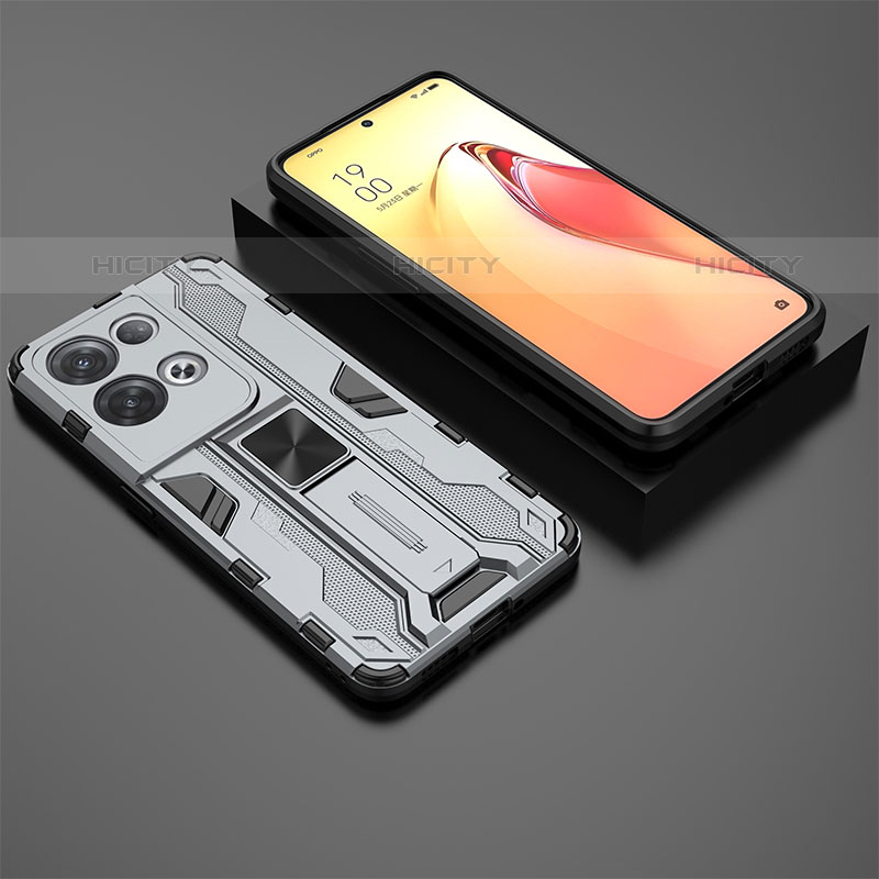 Custodia Silicone e Plastica Opaca Cover con Magnetico Supporto T02 per Oppo Reno8 Pro 5G Grigio