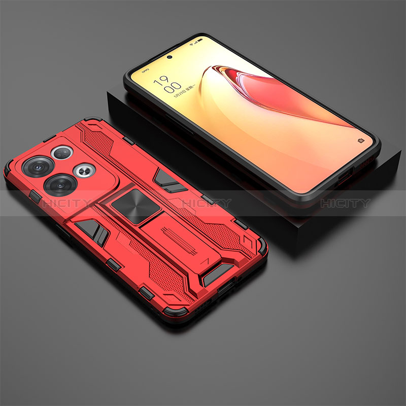 Custodia Silicone e Plastica Opaca Cover con Magnetico Supporto T02 per Oppo Reno9 Pro+ Plus 5G Rosso