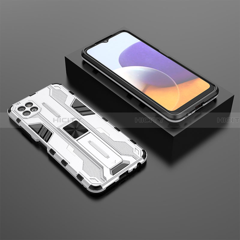 Custodia Silicone e Plastica Opaca Cover con Magnetico Supporto T02 per Samsung Galaxy A22 5G Bianco