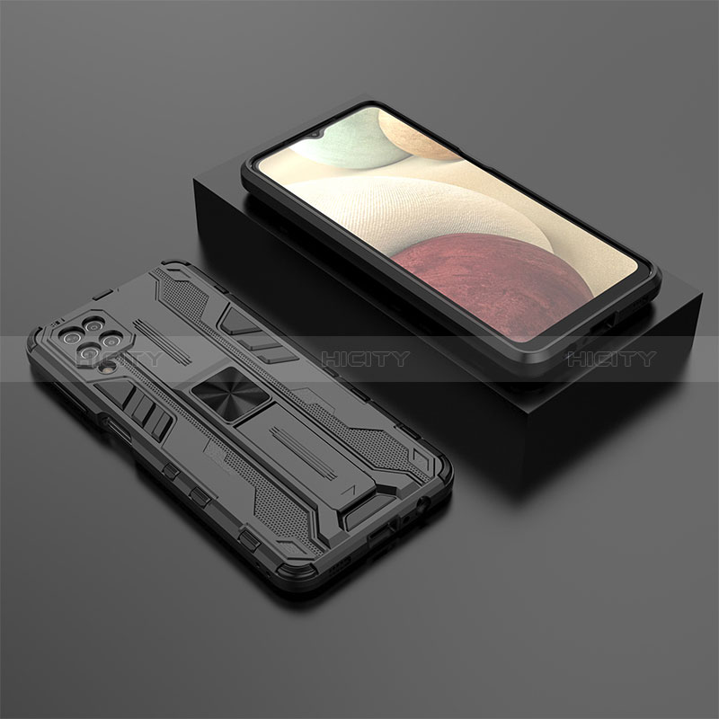 Custodia Silicone e Plastica Opaca Cover con Magnetico Supporto T02 per Samsung Galaxy F12