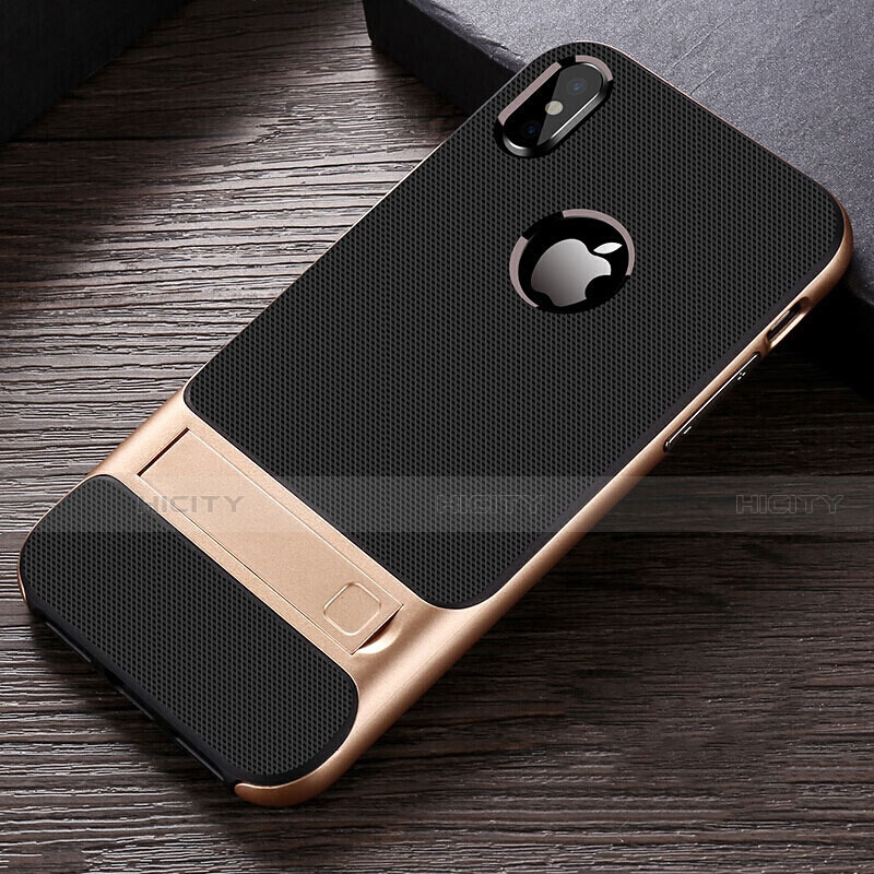 Custodia Silicone e Plastica Opaca Cover con Supporto A01 per Apple iPhone X Oro