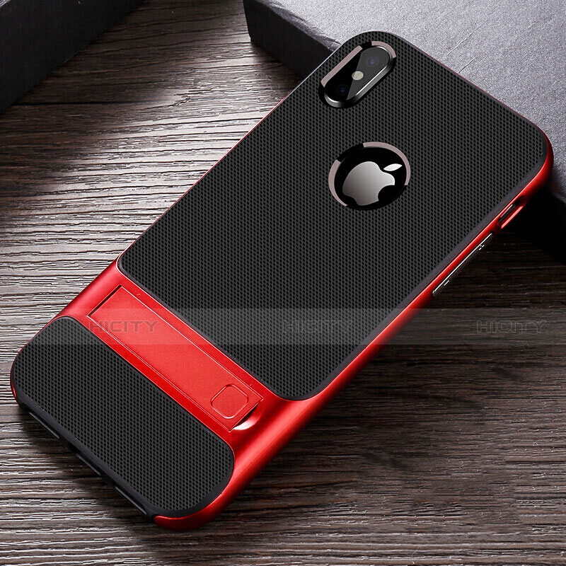 Custodia Silicone e Plastica Opaca Cover con Supporto A01 per Apple iPhone X Rosso