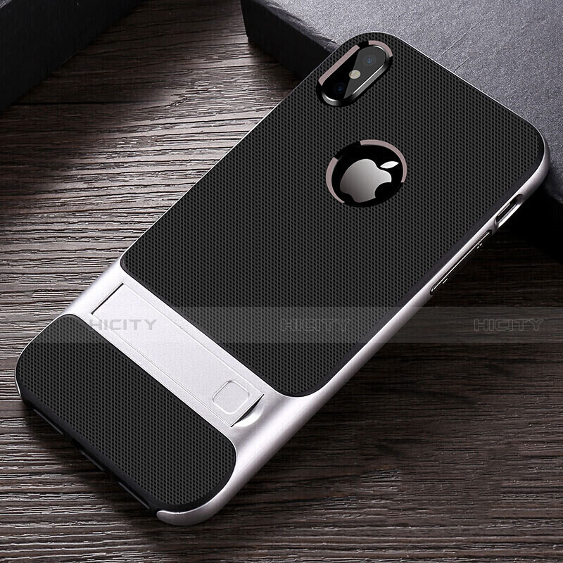 Custodia Silicone e Plastica Opaca Cover con Supporto A01 per Apple iPhone Xs Argento