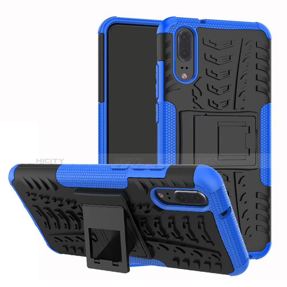 Custodia Silicone e Plastica Opaca Cover con Supporto A01 per Huawei P20 Blu