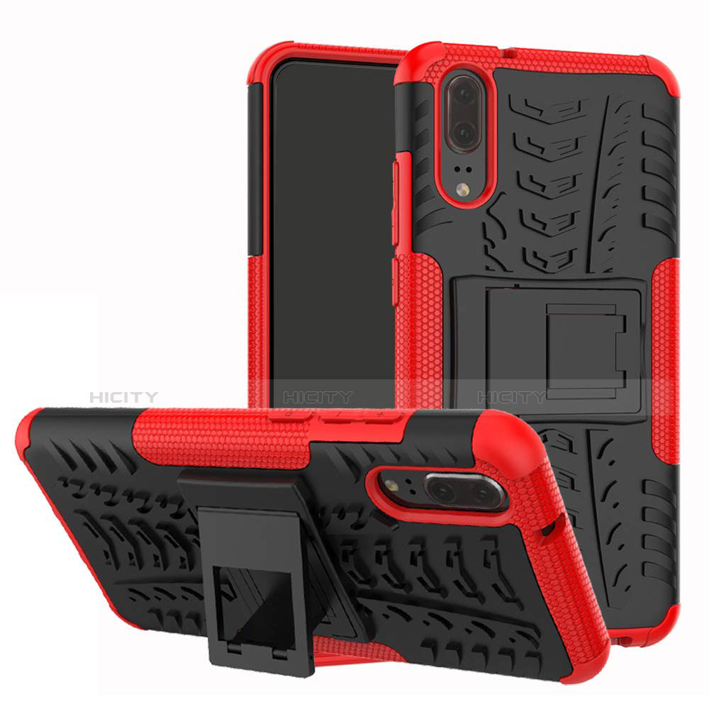 Custodia Silicone e Plastica Opaca Cover con Supporto A01 per Huawei P20 Rosso