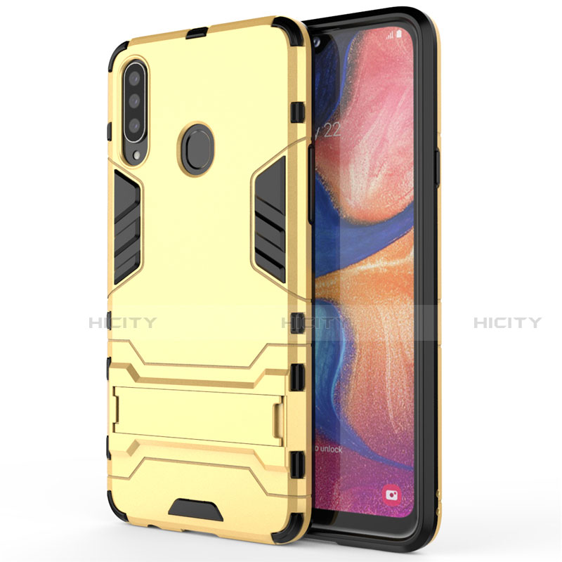 Custodia Silicone e Plastica Opaca Cover con Supporto A01 per Samsung Galaxy A20s Oro