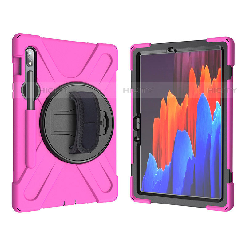 Custodia Silicone e Plastica Opaca Cover con Supporto A01 per Samsung Galaxy Tab S7 11 Wi-Fi SM-T870 Rosa Caldo