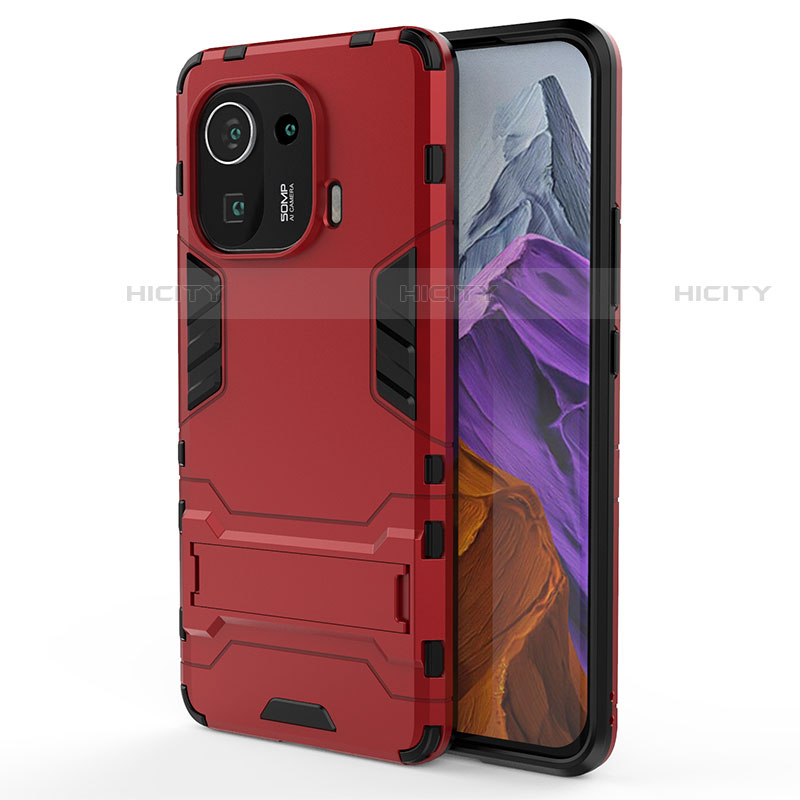 Custodia Silicone e Plastica Opaca Cover con Supporto A02 per Xiaomi Mi 11 Pro 5G Rosso