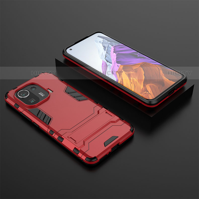 Custodia Silicone e Plastica Opaca Cover con Supporto A03 per Xiaomi Mi 11 Pro 5G Rosso