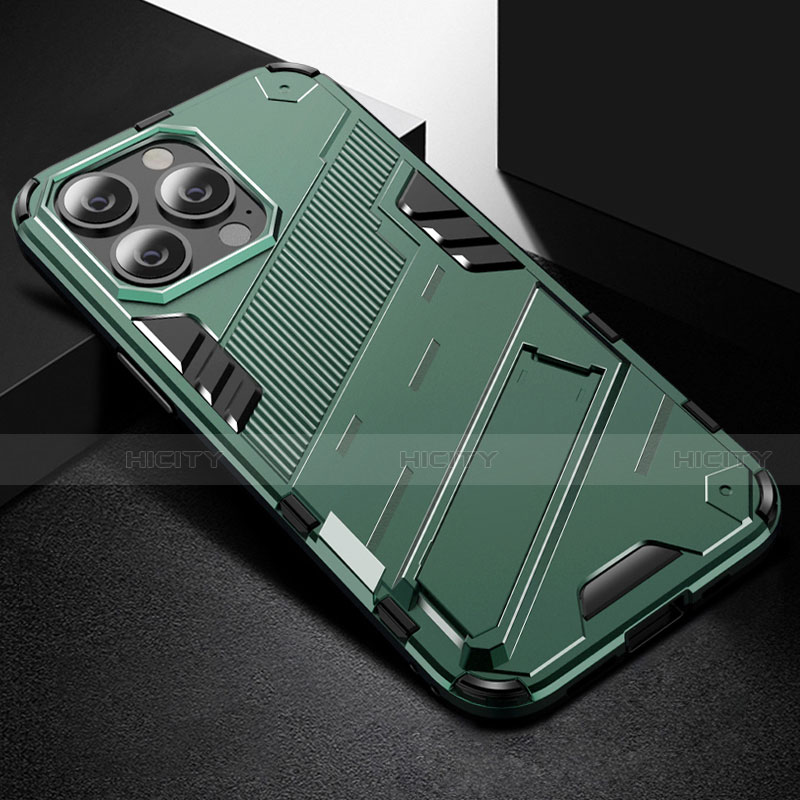 Custodia Silicone e Plastica Opaca Cover con Supporto A05 per Apple iPhone 14 Pro Max Verde