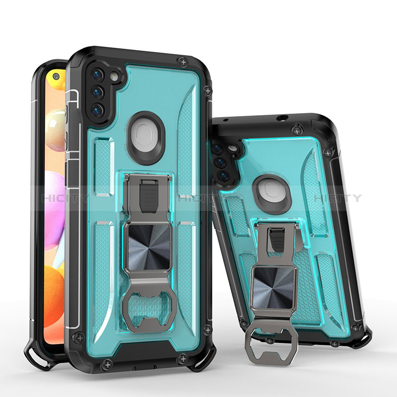 Custodia Silicone e Plastica Opaca Cover con Supporto H01 per Samsung Galaxy A11 Cielo Blu