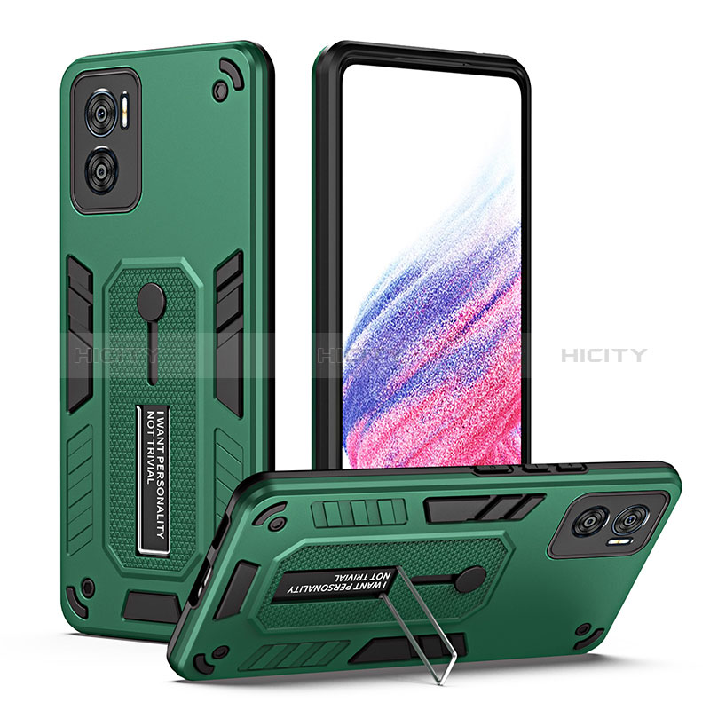 Custodia Silicone e Plastica Opaca Cover con Supporto H01P per Motorola Moto E22 Verde